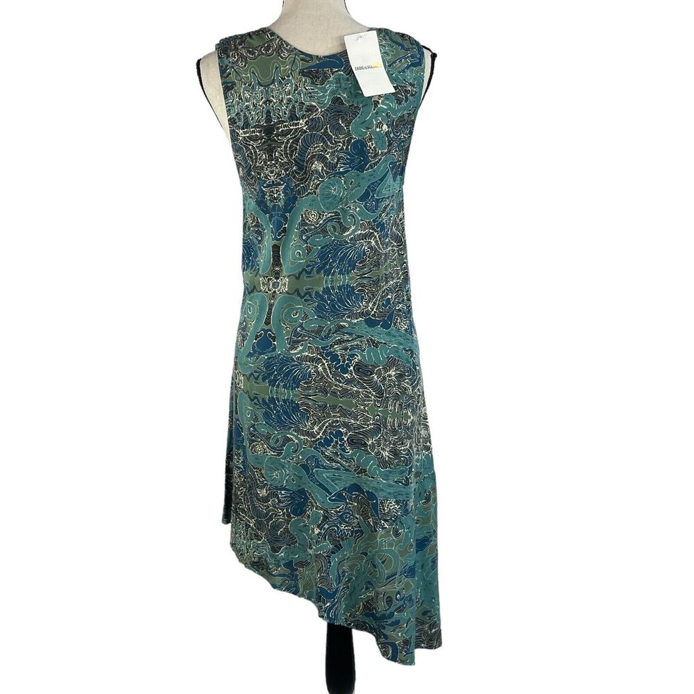 Zadig & Voltaire Small Asymmetrical Dress Sleeveless Deep V-Neck Teal Abstract - Picture 4 of 9